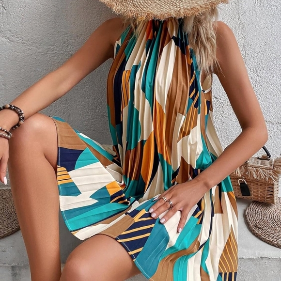 Women's Dresses Wedding Guest Dress Geo Print Pleated Hem Halter Dress dressesdr - Picture 4 of 6